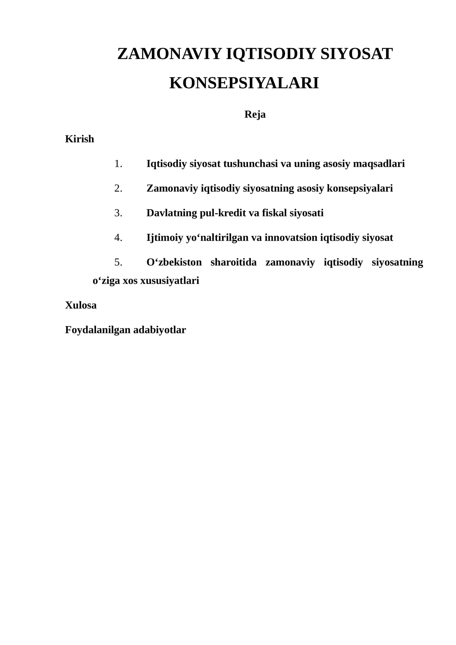 ZAMONAVIY IQTISODIY SIYOSAT KONSEPSIYALARI