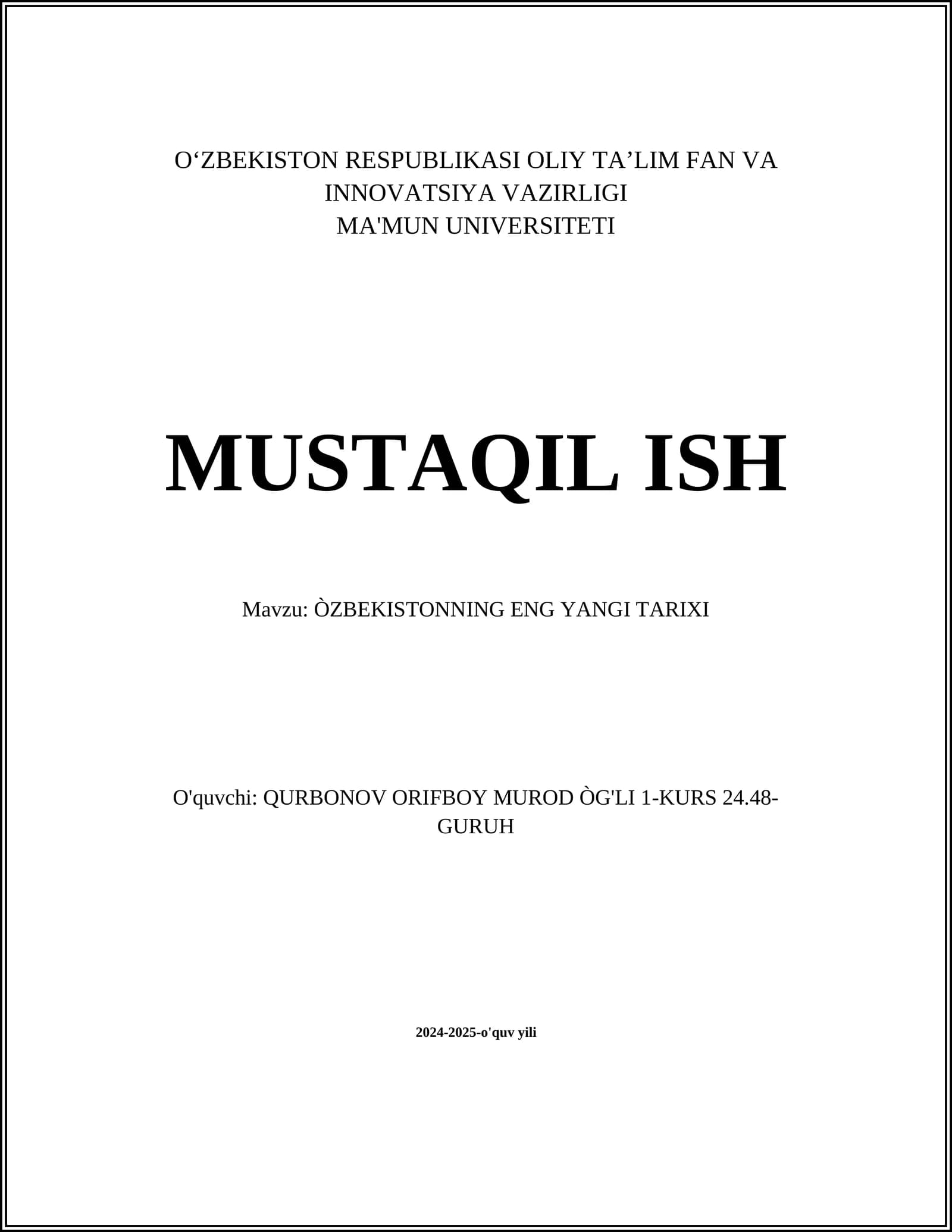 ÒZBEKISTONNING ENG YANGI TARIXI