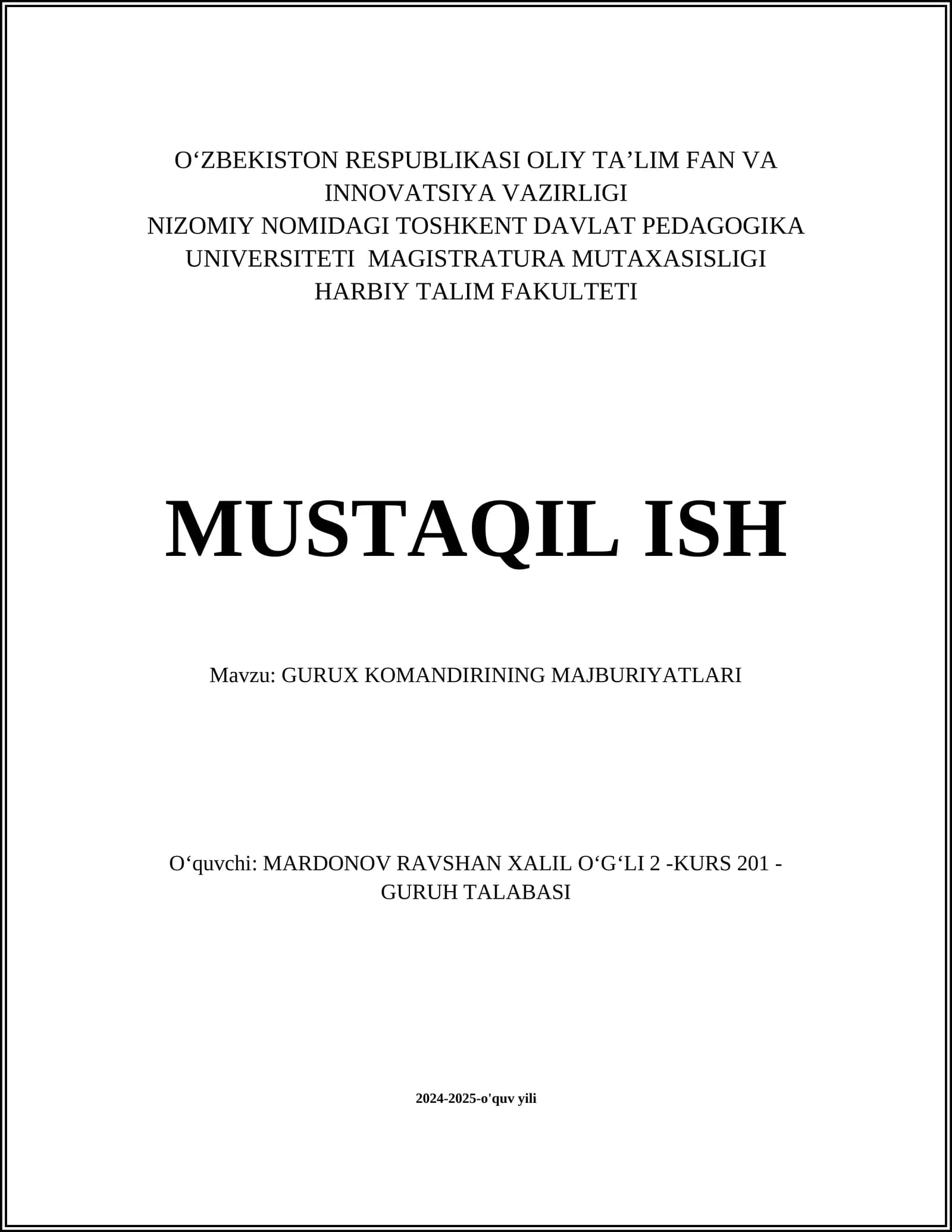 GURUX KOMANDIRINING MAJBURIYATLARI