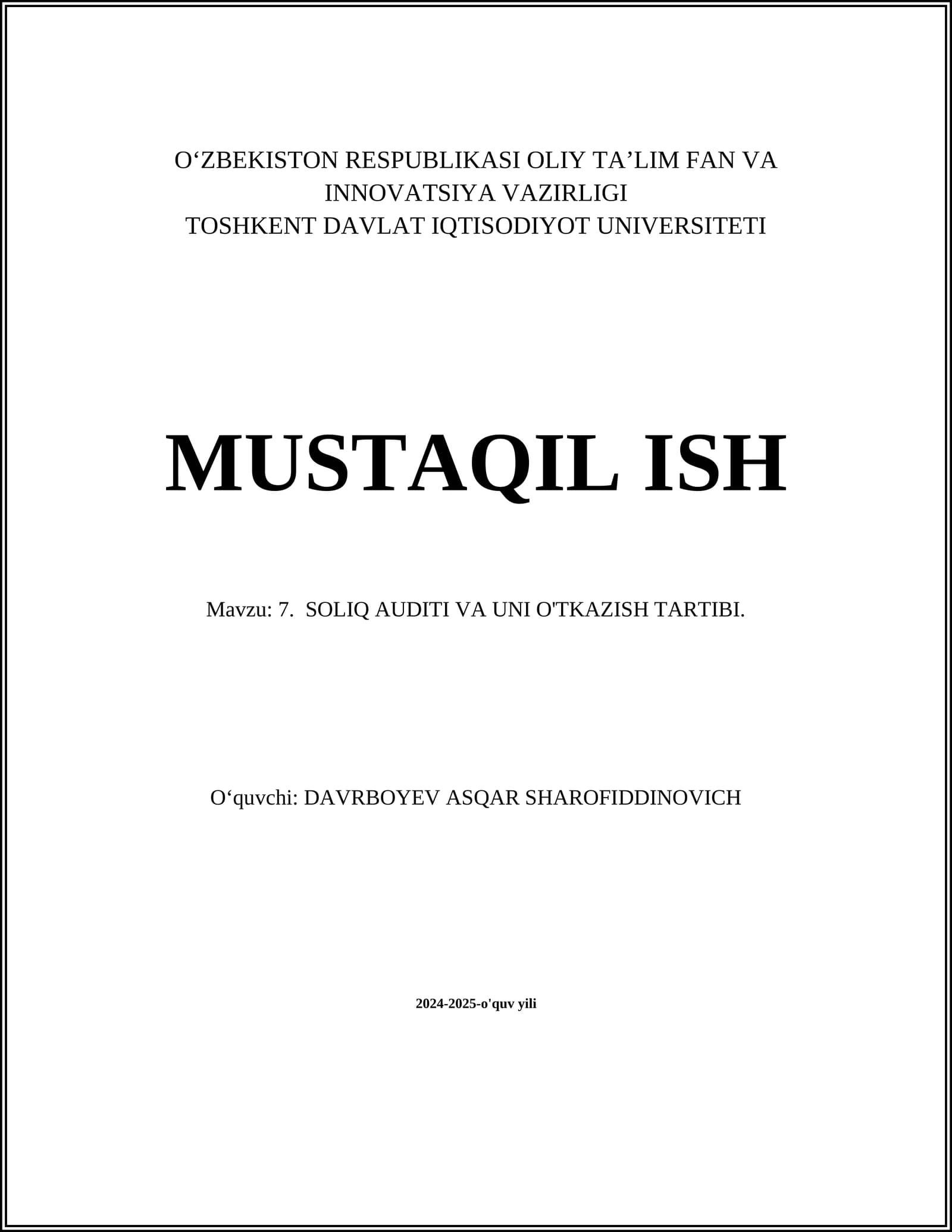 SOLIQ AUDITI VA UNI O'TKAZISH TARTIBI