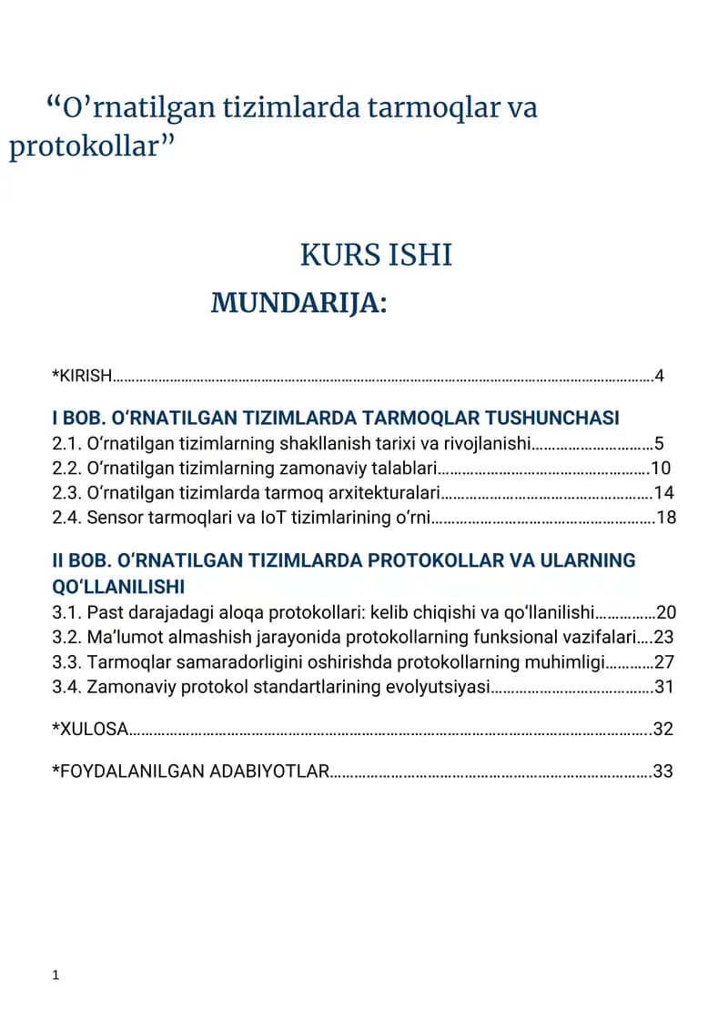 O'rnatilgan tizimlarda tarmoqlar va protokollar