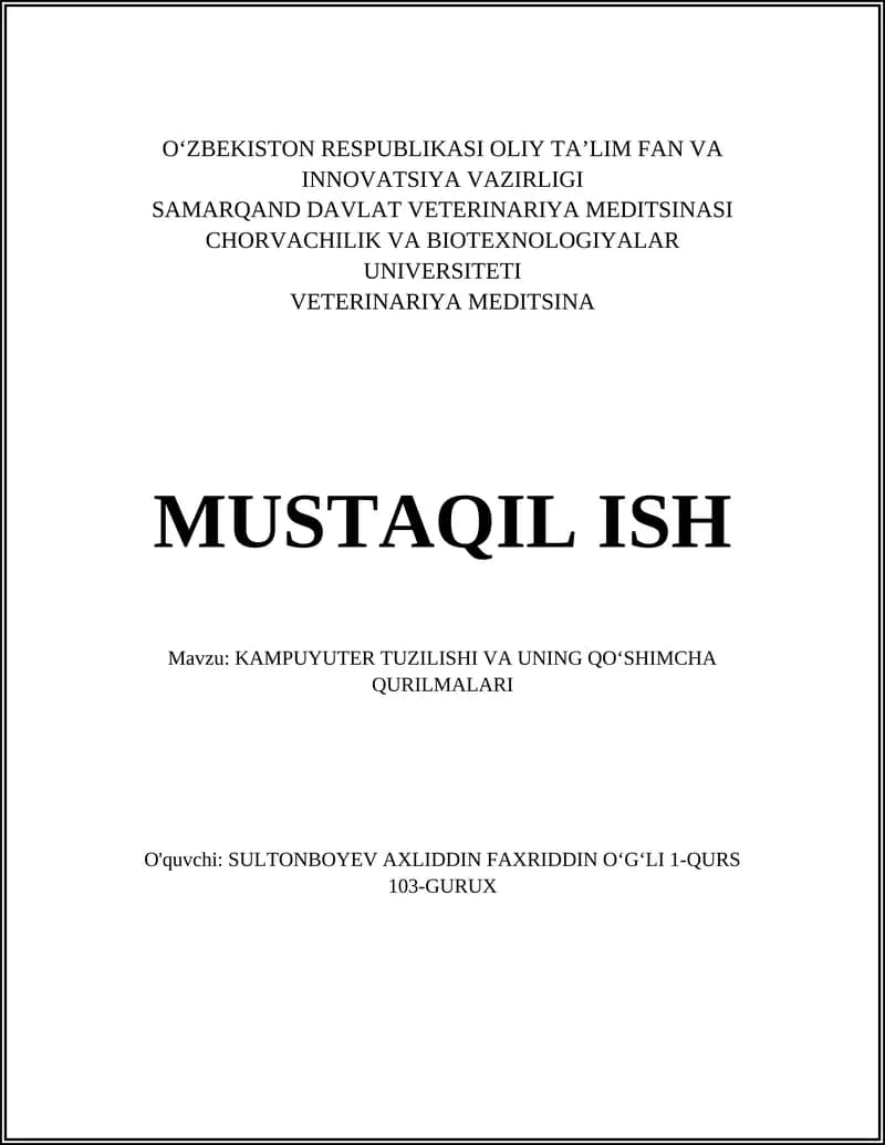 KAMPUYUTER TUZILISHI VA UNING QOʻSHIMCHA QURILMALARI
