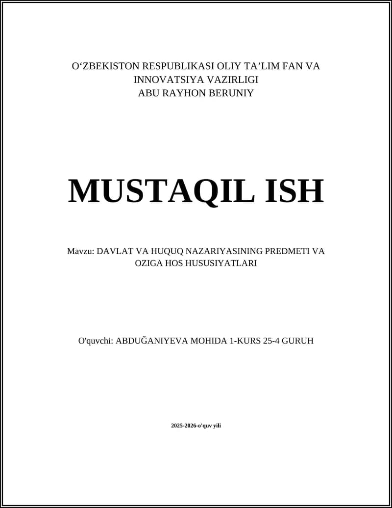 DAVLAT VA HUQUQ NAZARIYASINING PREDMETI VA OZIGA HOS HUSUSIYATLARI