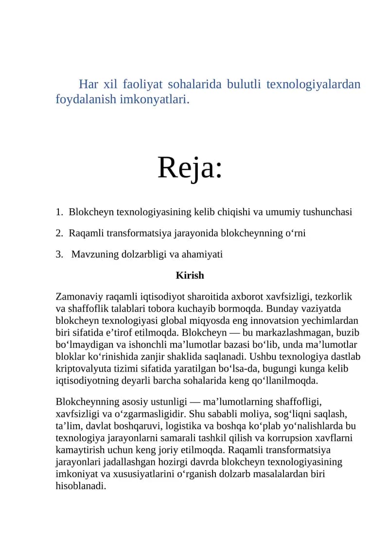 Blokcheyn texnologiyasining kelib chiqishi va umumiy tushunchasi