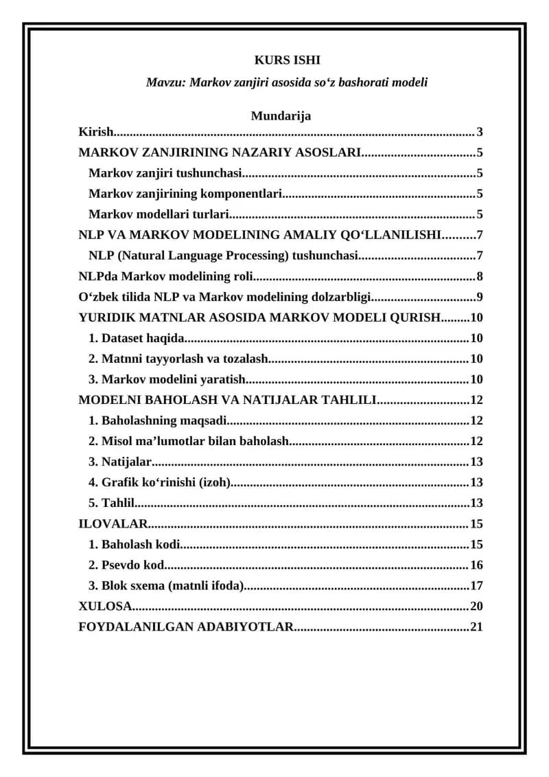 Markov zanjiri asosida so‘z bashorati modeli