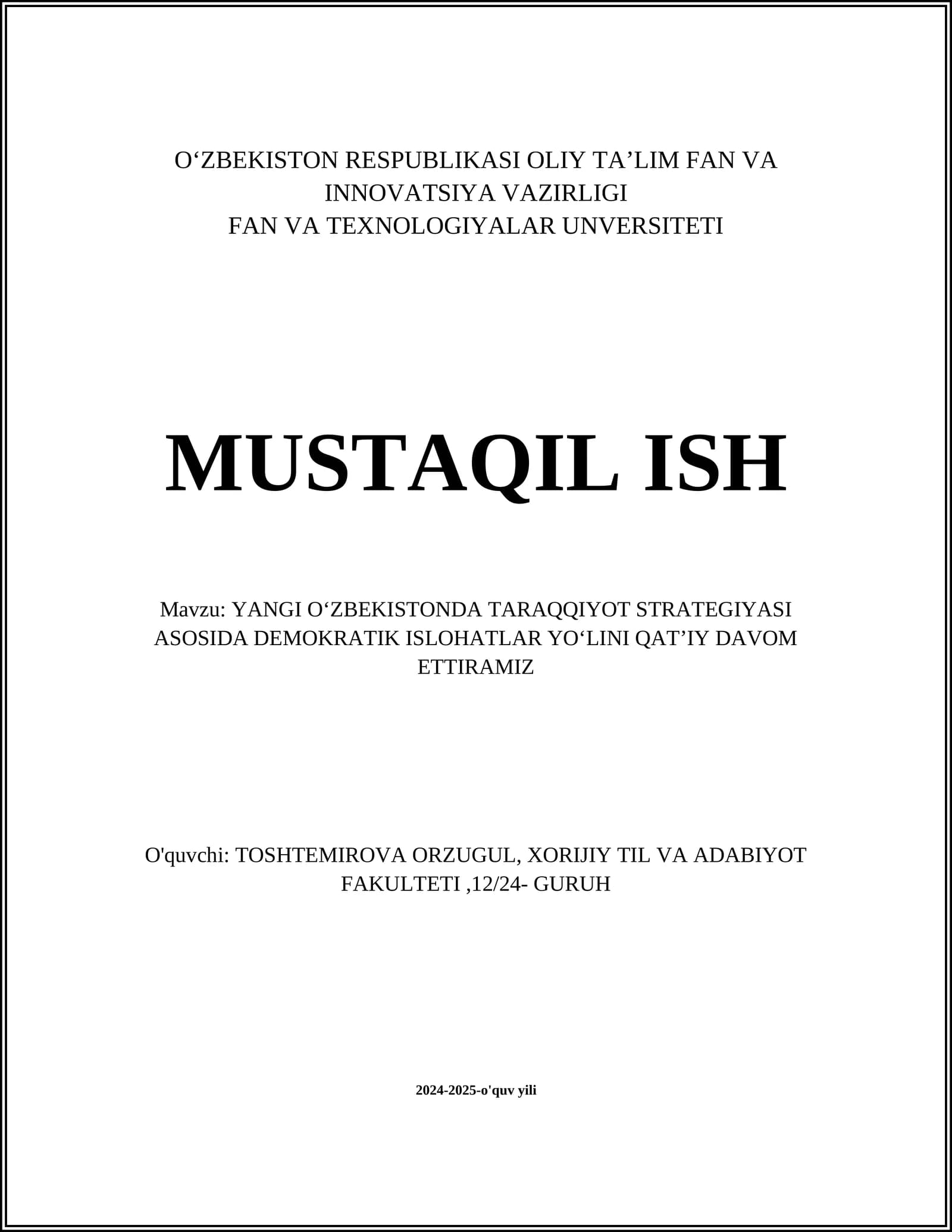 YANGI OʻZBEKISTONDA TARAQQIYOT STRATEGIYASI ASOSIDA DEMOKRATIK ISLOHATLAR YOʻLINI QATʼIY DAVOM ETTIRAMIZ