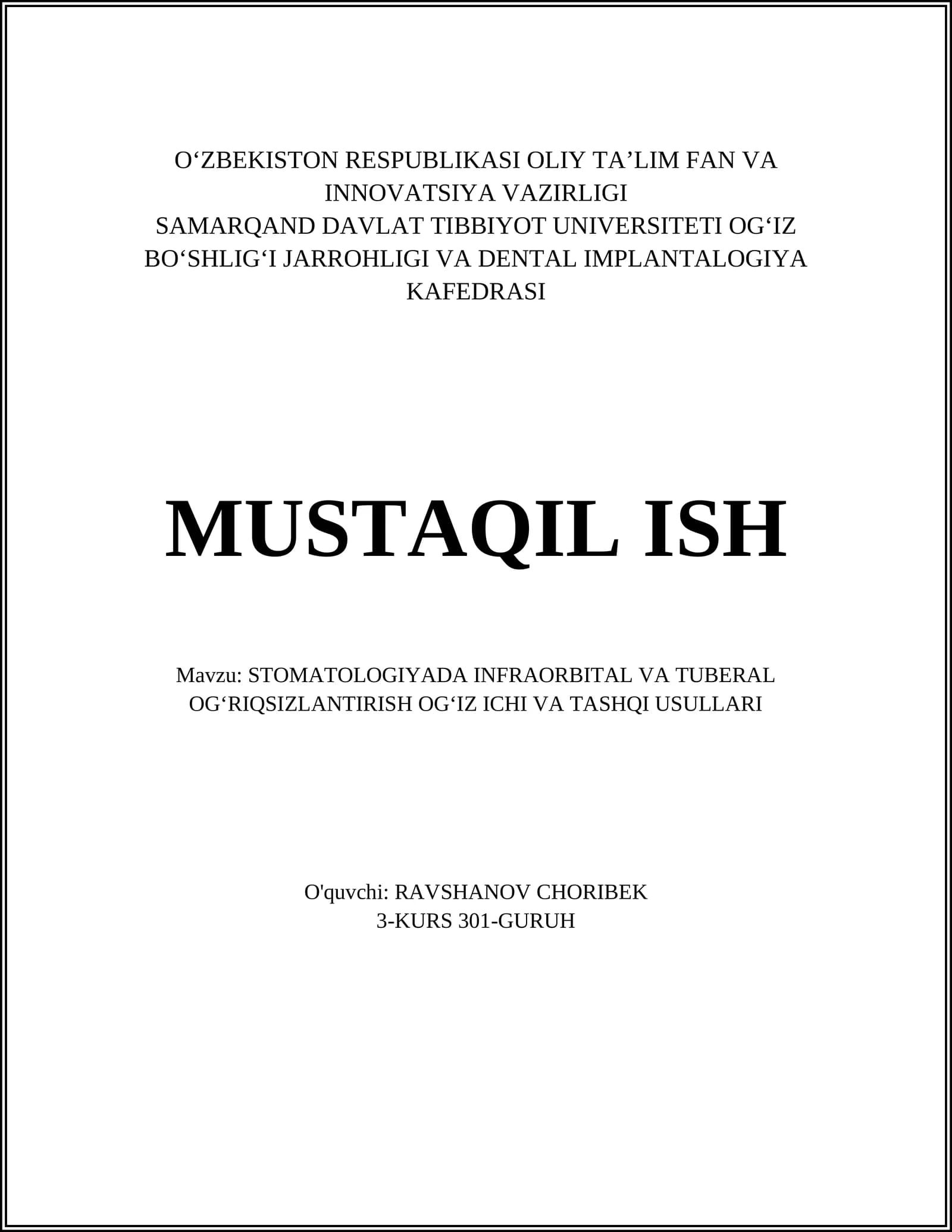 STOMATOLOGIYADA INFRAORBITAL VA TUBERAL OGʻRIQSIZLANTIRISH OGʻIZ ICHI VA TASHQI USULLARI