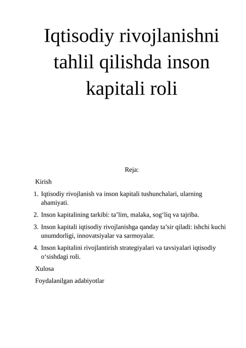 Iqtisodiy rivojlanishni tahlil qilishda inson kapitali roli