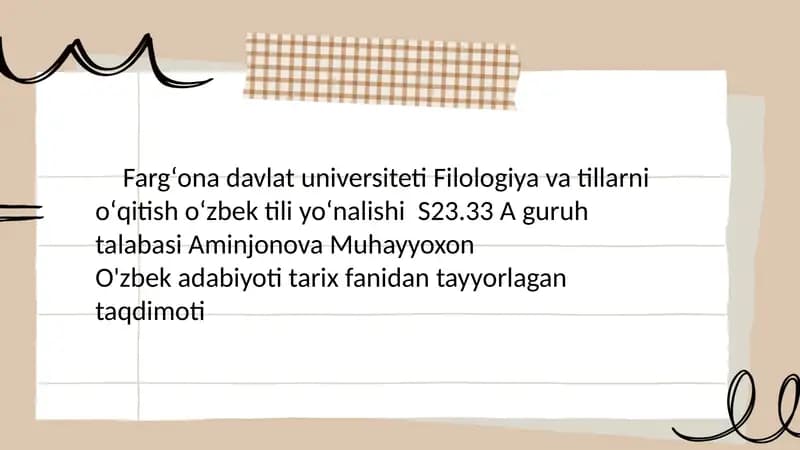 O'zbek adabiyoti tarixi fanidan tayyorlangan taqdimoti