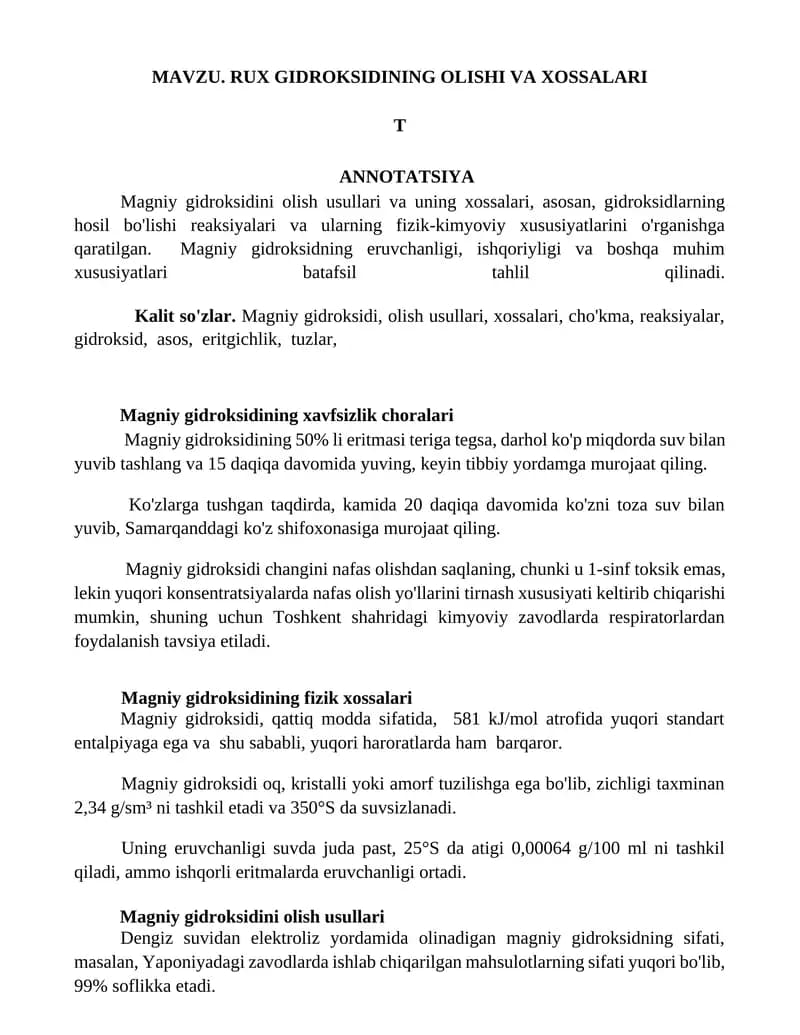 Magniy gidroksidini olishi va xossalari