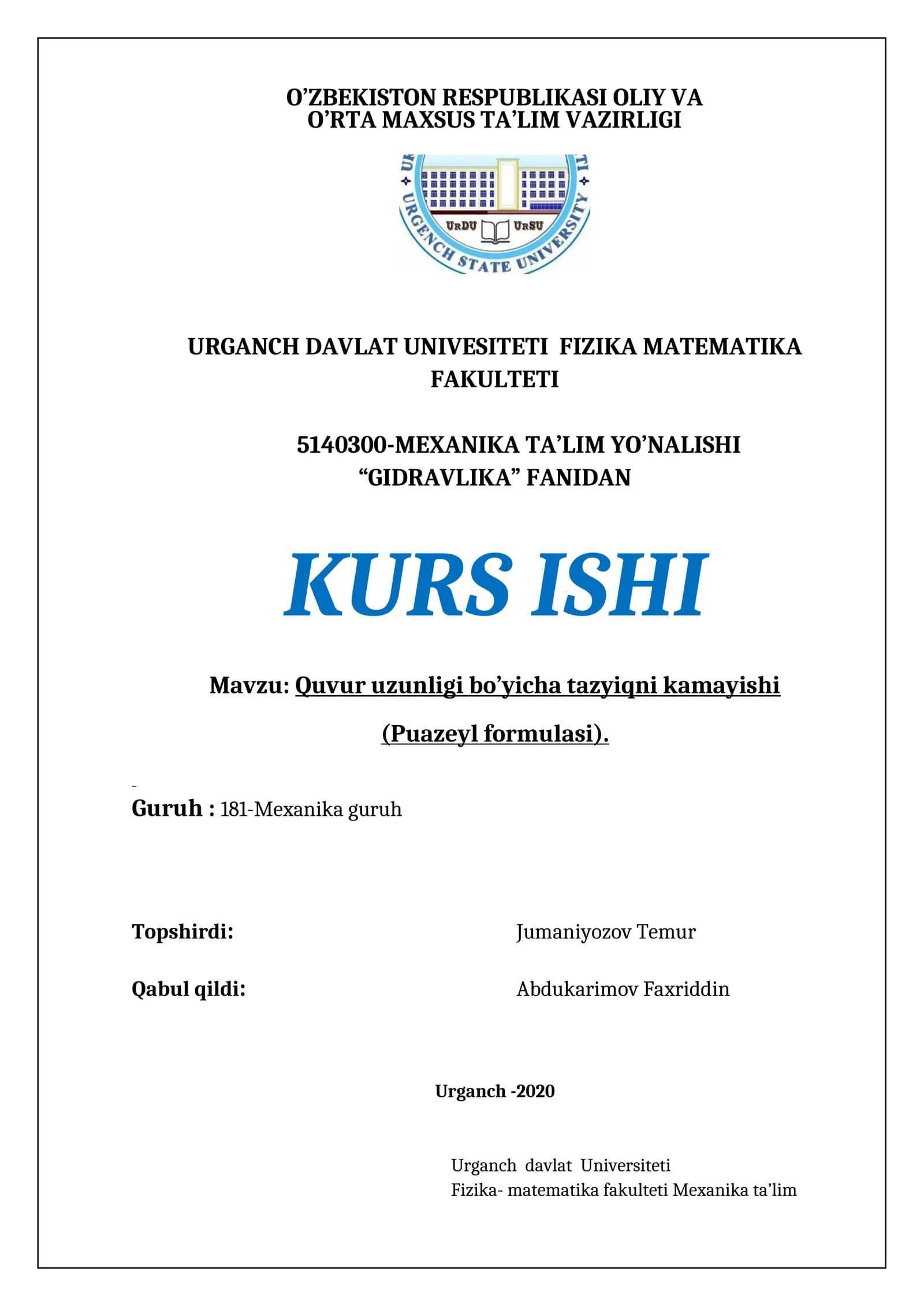 Quvur uzunligi bo’yicha tazyiqni kamaytirish (Puazeyl formulasi)