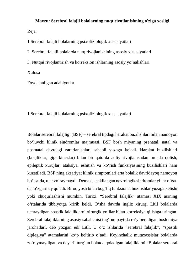 Serebral falajli bolalarning psixofiziologik xususiyatlari