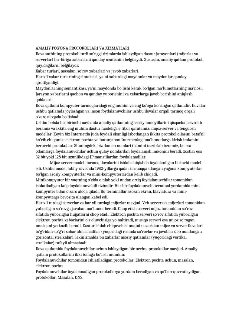 AMALIY POG'ONA PROTOKOLLARI VA XIZMATLARI