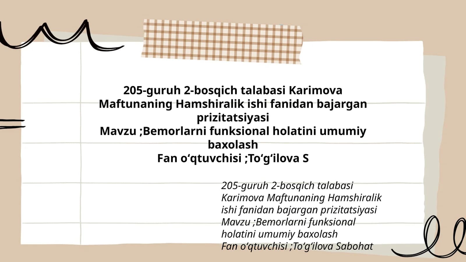 Bemorlarni funksional holatini umumiy baxolash