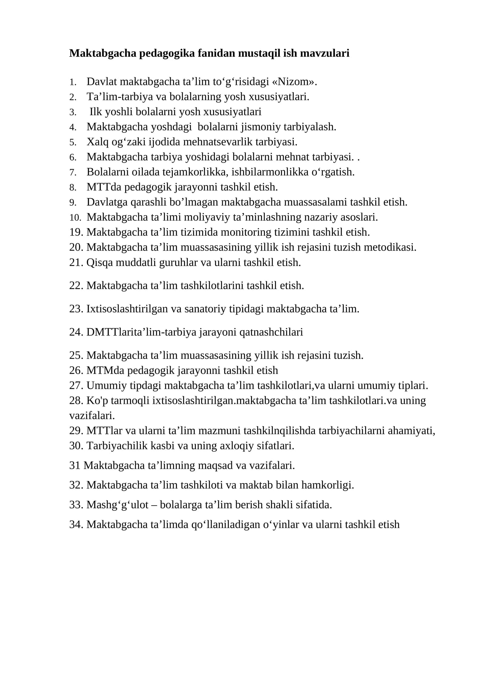 Maktabgacha pedagogika fanidan mustaqil ish mavzulari