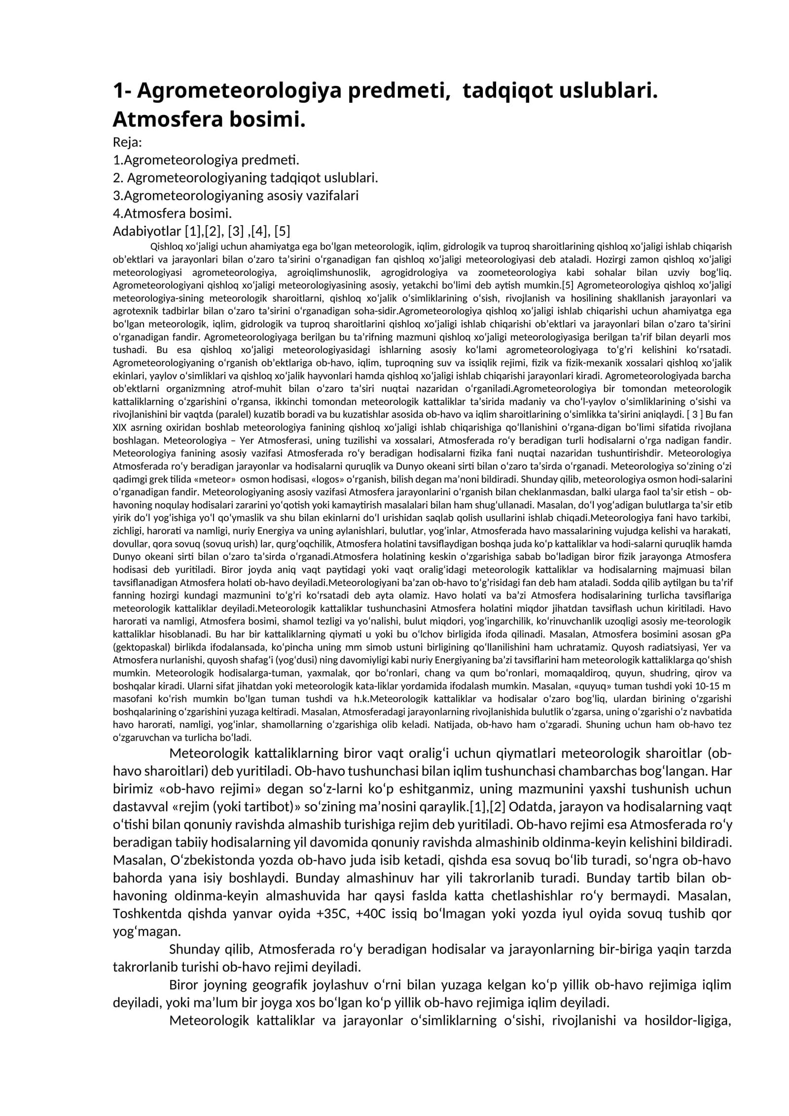 Agrometeorologiya predmeti, tadqiqot uslublari