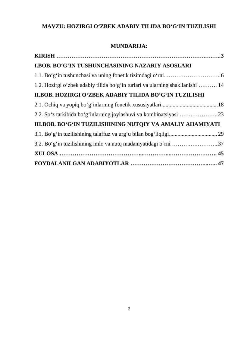 HOZIRGI O‘ZBEK ADABIY TILIDA BO‘G‘IN TUZILISHI
