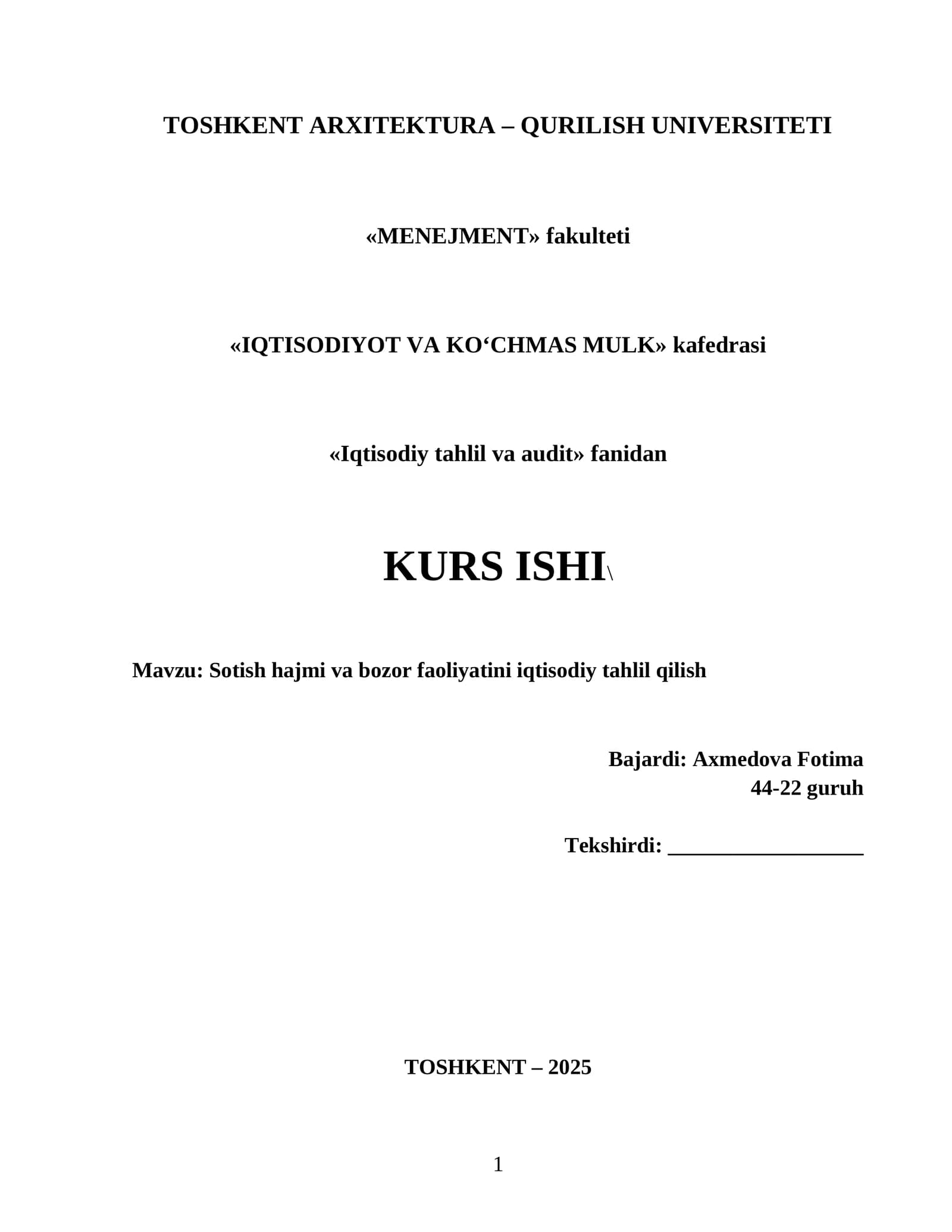 Sotish hajmi va bozor faoliyatini iqtisodiy tahlil qilish