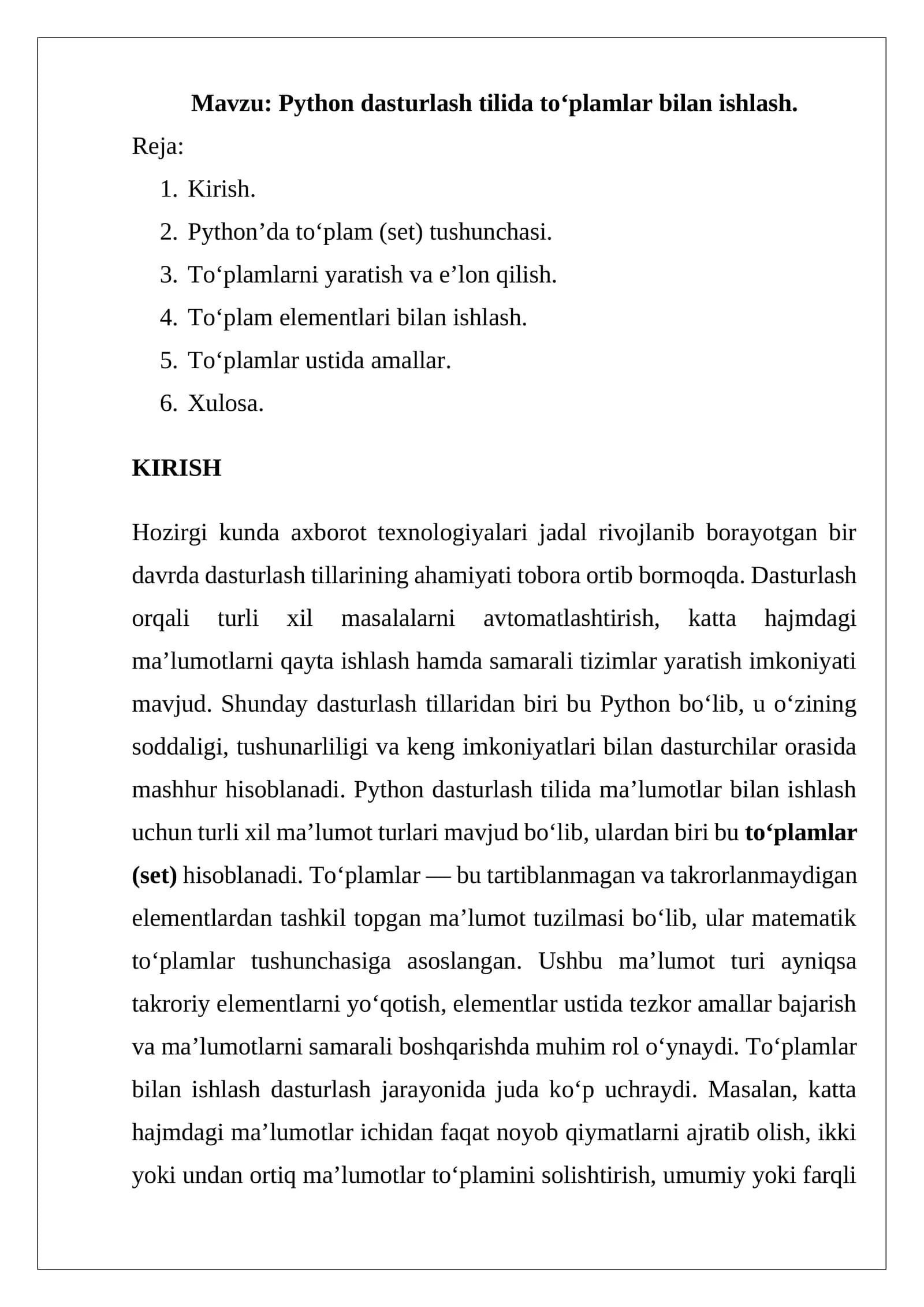 Python dasturlash tilida to‘plamlar bilan ishlash