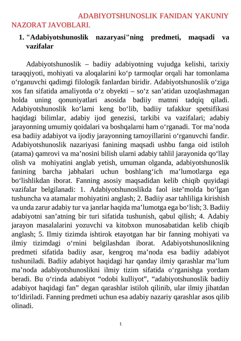 Adabiyotshunoslik Fanidan Yakuniy Nazorat Javoblari