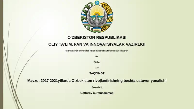 2017 2021yillarda Oʻzbekiston rivojlantirishning beshta ustuvor yunalishi