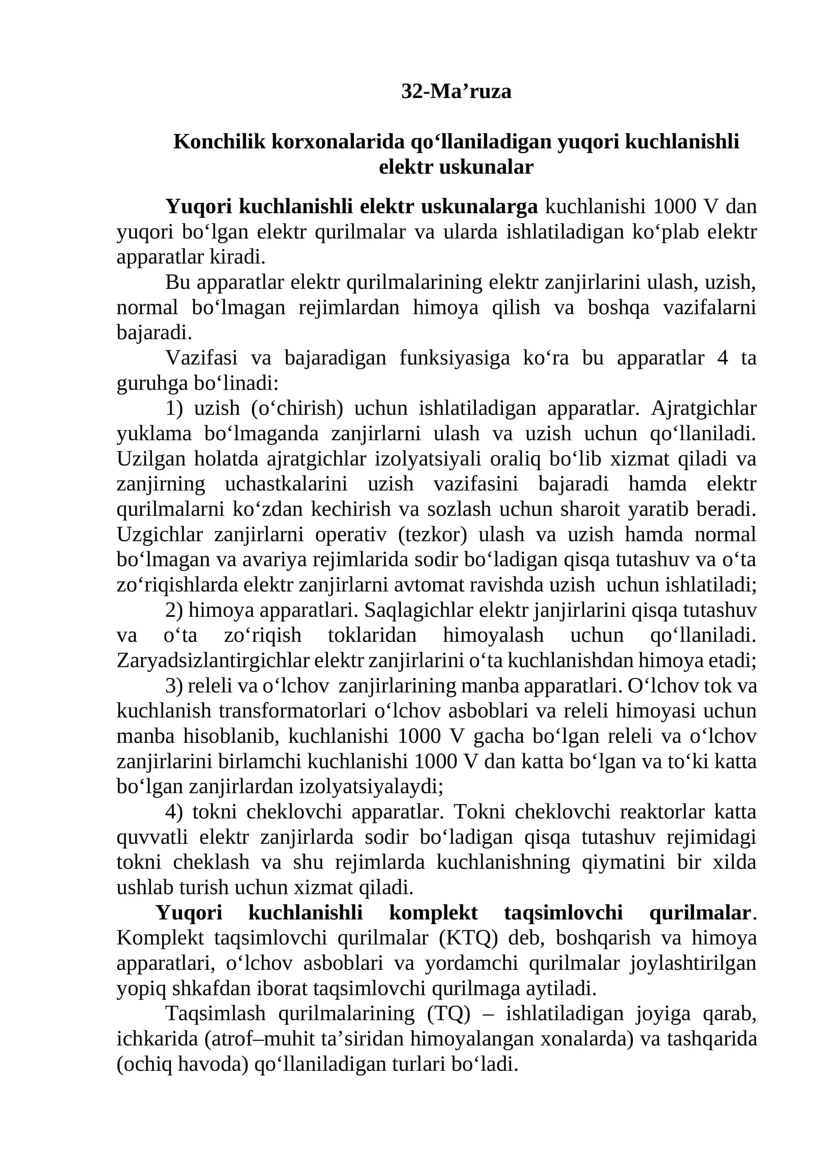 Konchilik korxonalarida qo‘llaniladigan yuqori kuchlanishli elektr uskunalar