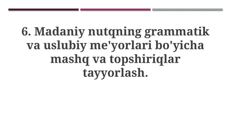 Madaniy nutqning grammatik va uslubiy me'yorlari bo'yicha mashq va topshiriqlar tayyorlash