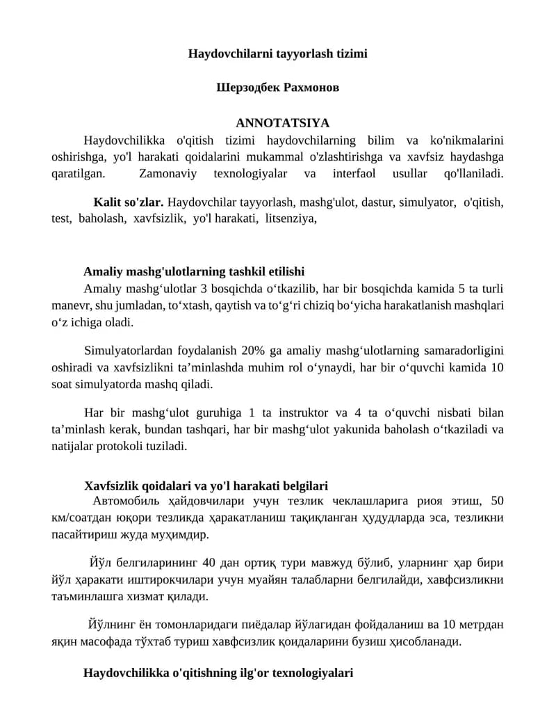 Haydovchilarni tayyorlash tizimi