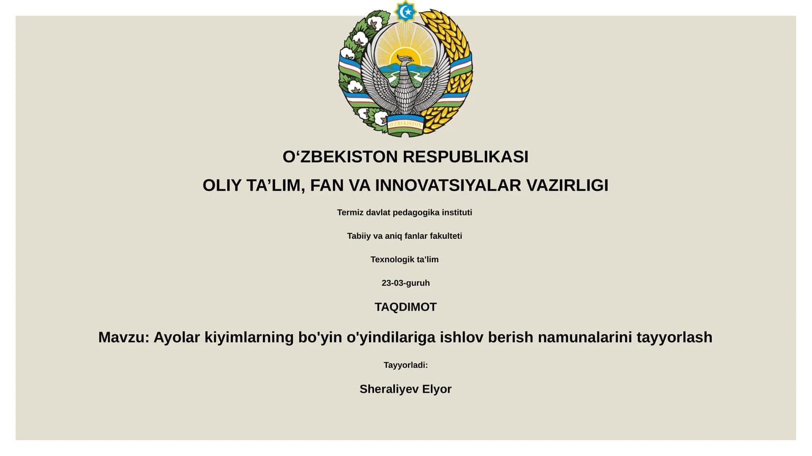 Ayolar kiyimlarning bo'yin o'yindilariga ishlov berish namunalarini tayyorlash