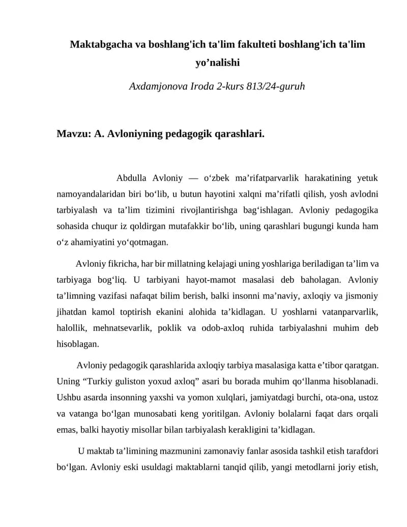 A. Avloniyning pedagogik qarashlari