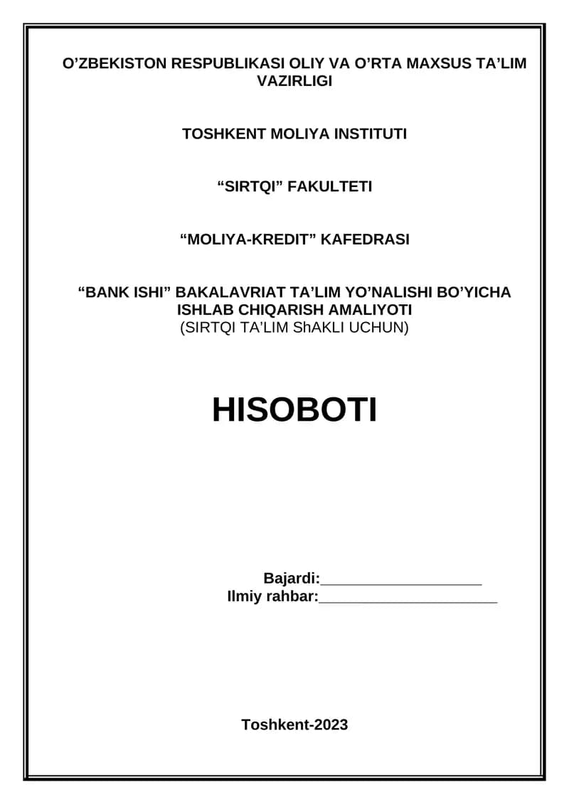“BANK ISHI” BAKALAVRIAT TA’LIM YO’NALISHI