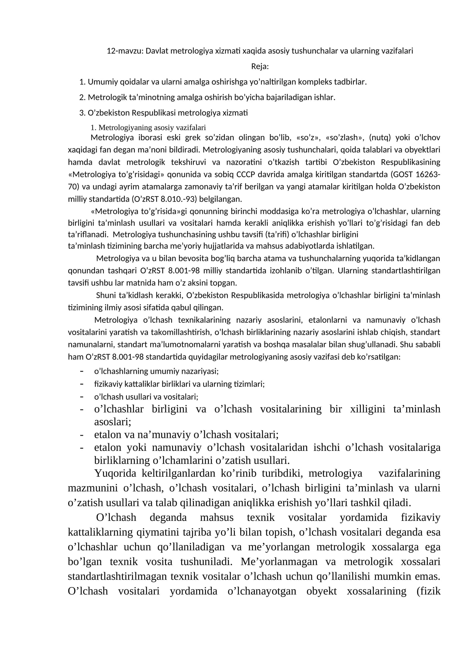 12-mavzu: Davlat metrologiya xizmati xaqida asosiy tushunchalar va ularning vazifalari