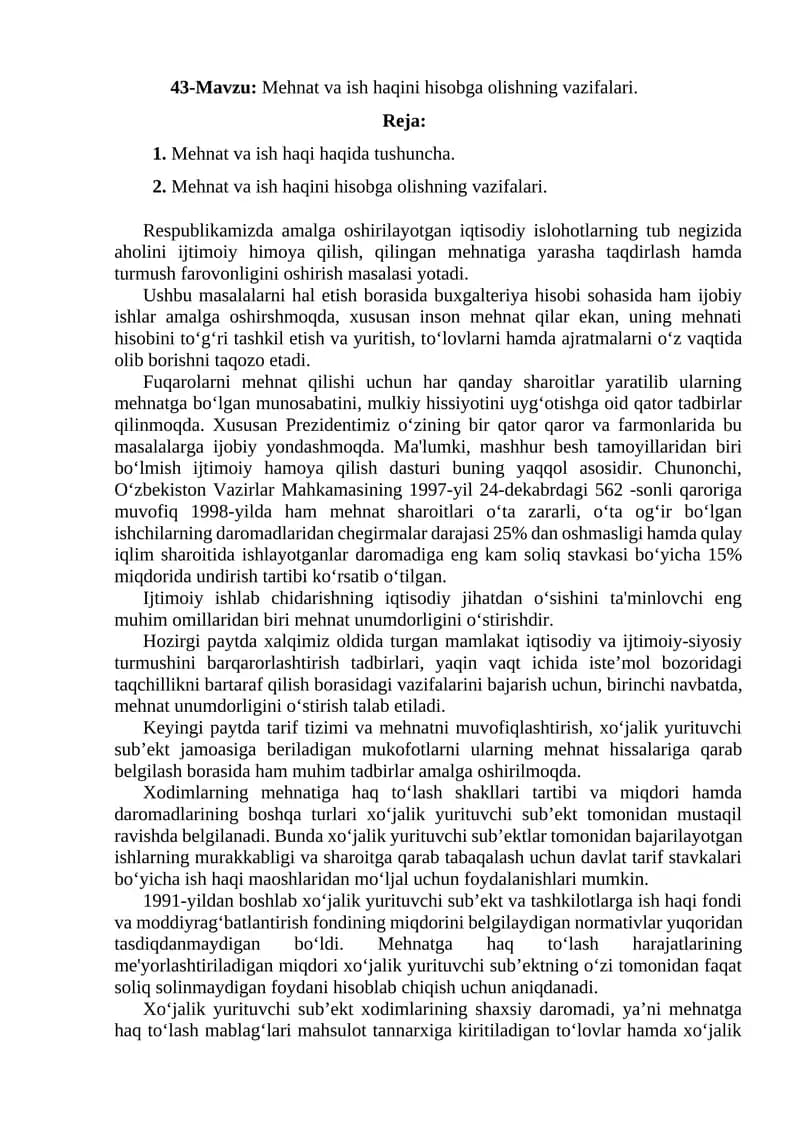 Mehnat va ish haqini hisobga olishning vazifalari