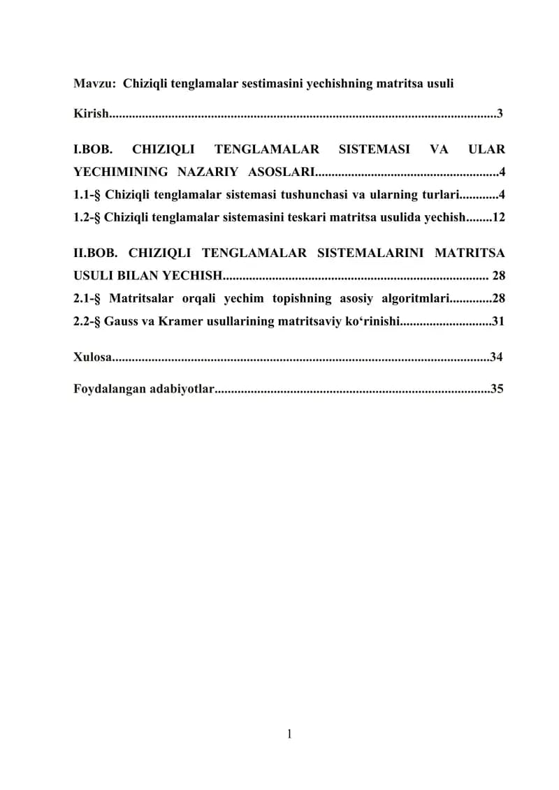 Chiziqli Tenglamalar Sestimasini Yechishning Matritsa Usuli