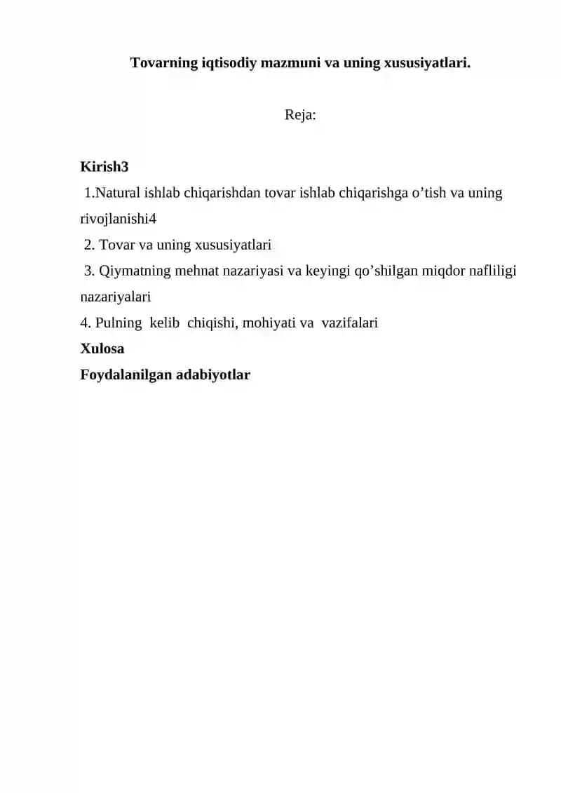 Natural ishlab chiqarishdan tovar ishlab chiqarishga o’tish va uning rivojlanishi
