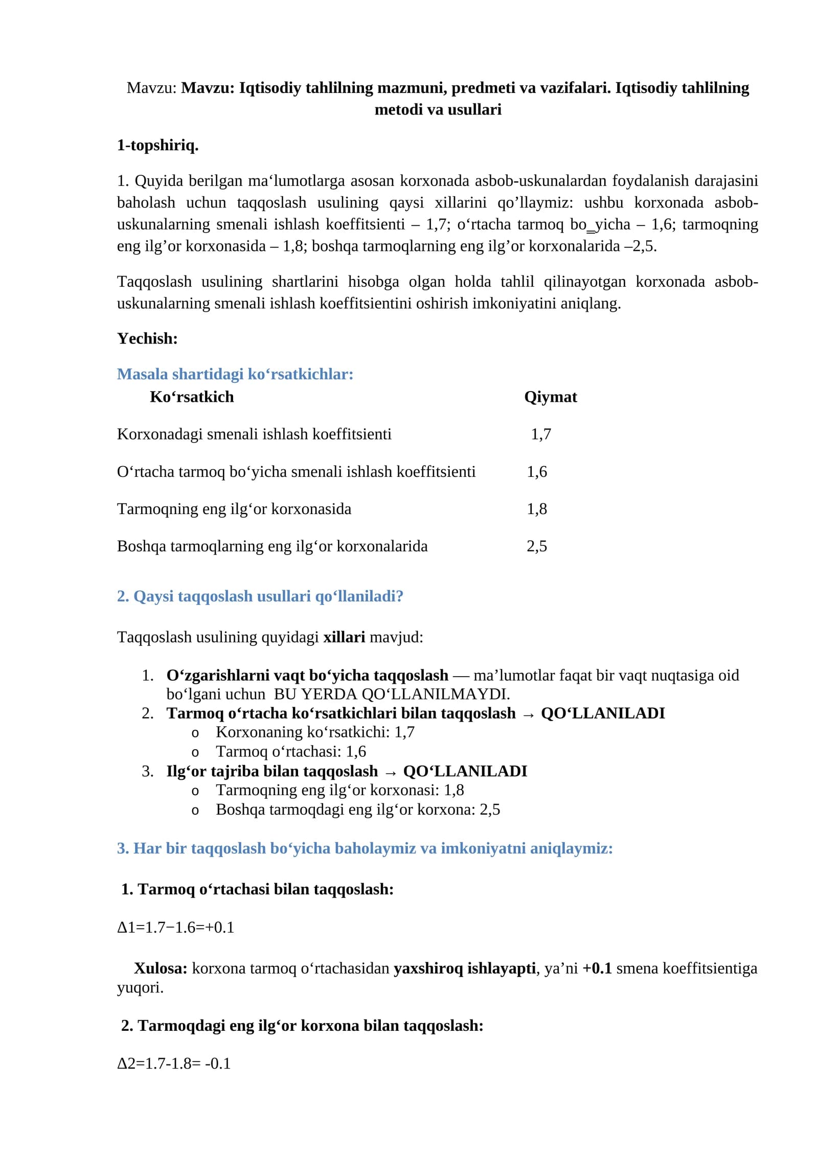Iqtisodiy tahlilning mazmuni, predmeti va vazifalari. Iqtisodiy tahlilning metodi va usullari