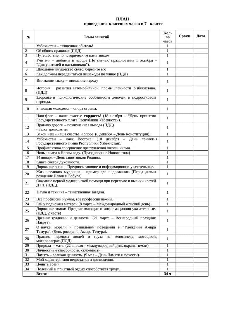ПЛАН проведения классных часов в 7 классе
