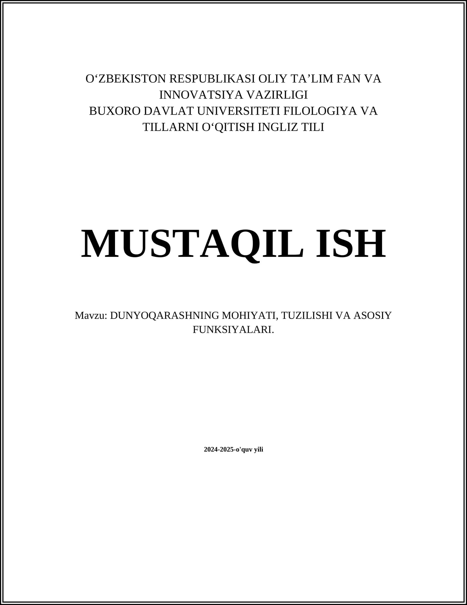 DUNYOQARASHNING MOHIYATI, TUZILISHI VA ASOSIY FUNKSIYALARI