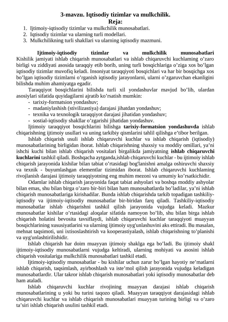 Iqtisodiy tizimlar va mulkchilik