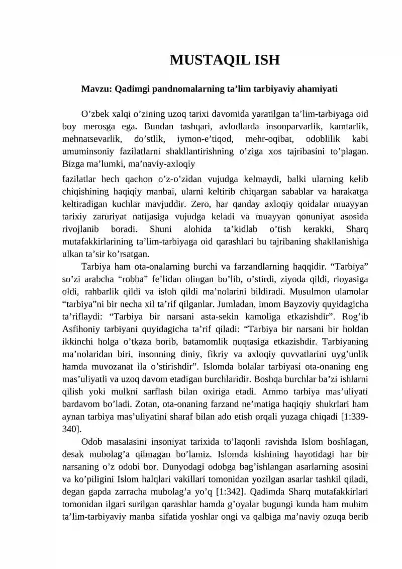Qadimgi pandnomalarning ta’lim tarbiyaviy ahamiyati