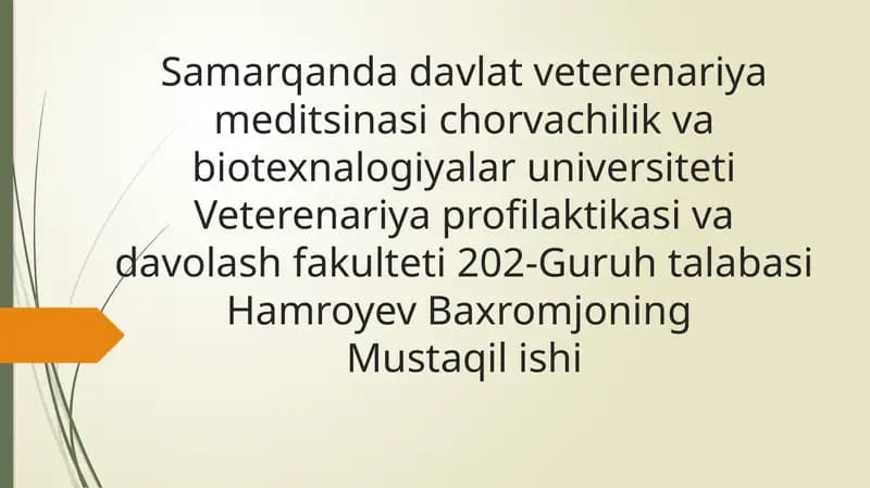 Samarqand davlat veterinariya meditsinasi chorvachilik va biotexnologiyalar universiteti Veterinariya profilaktikasi va davolash fakulteti 202-Guruh talabasi Hamroyev Baxromjonning Mustaqilishi