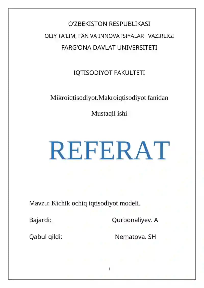 Kichik оchiq iqtisоdiyot mоdеli