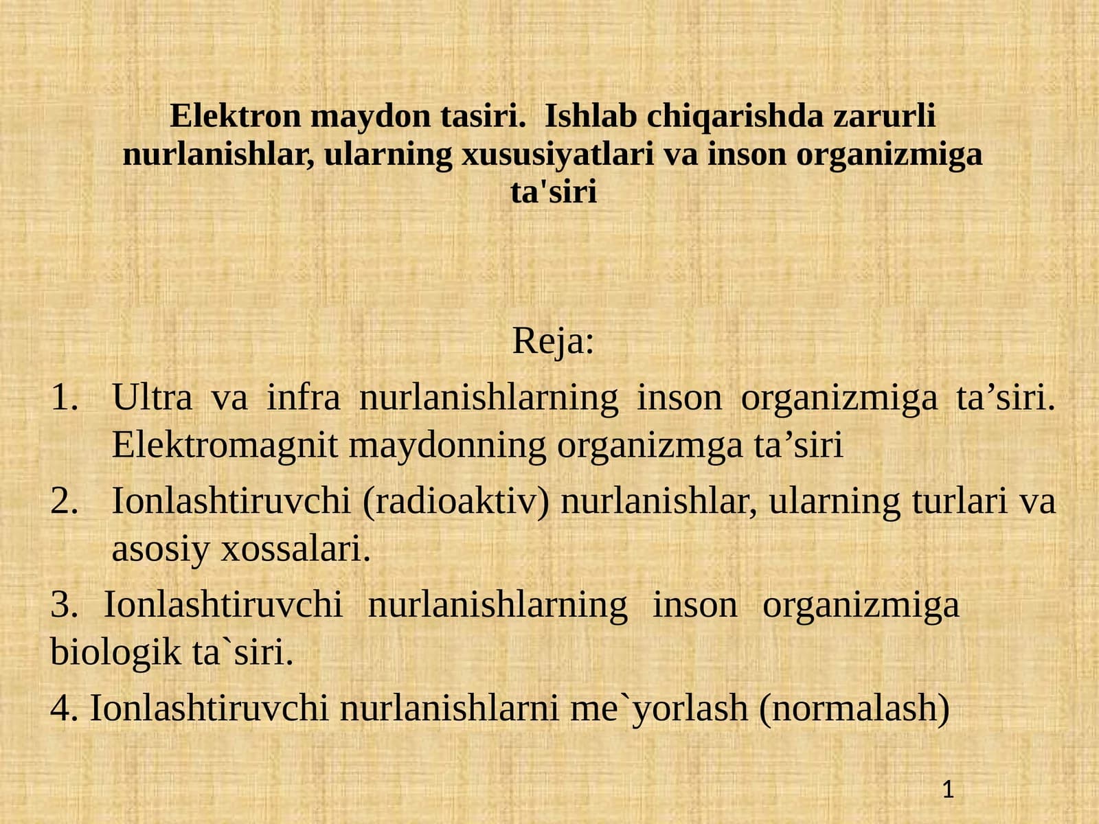 Elektron maydon ta'siri. Ishlab chiqarishda zarurli nurlanishlar, ularning xususiyatlari va inson organizmiga ta'siri