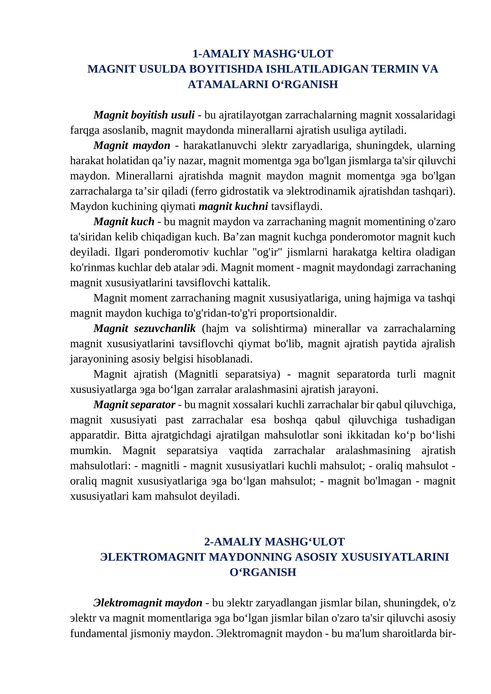 Magnit usulda bo'yitishda ishlatiladigan termin va atamalarni o‘rganish