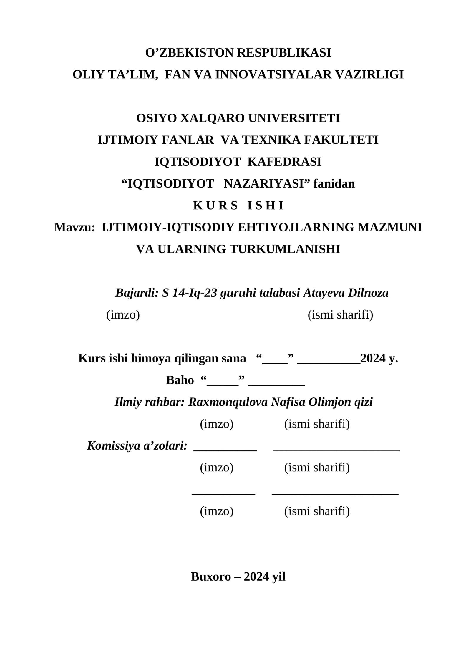 IJTIMOIY-IQTISODIY EHTIYOJLARNING MAZMUNI VA ULARNING TURKUMLANISHI