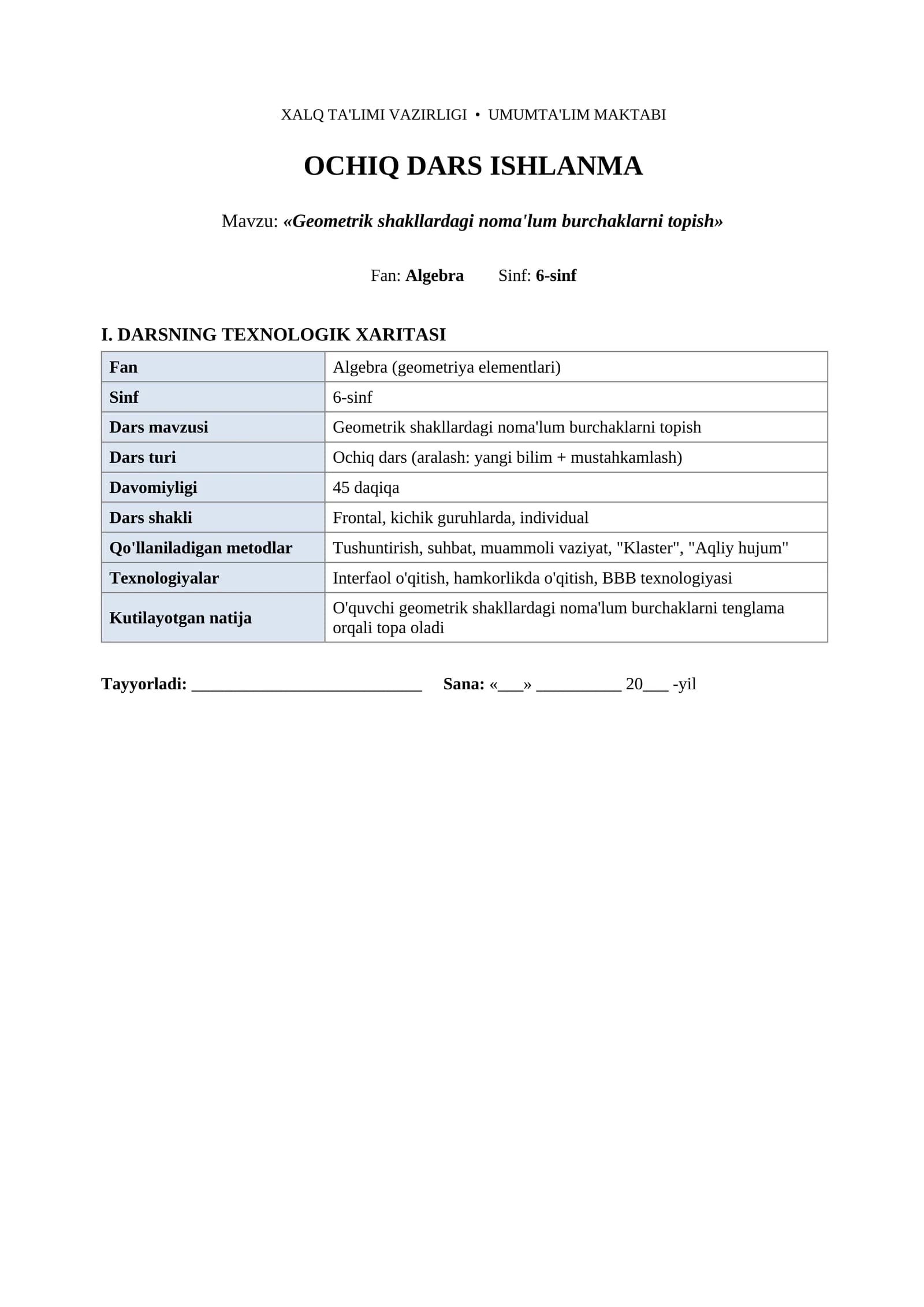 «Geometrik shakllardagi noma'lum burchaklarni topish»