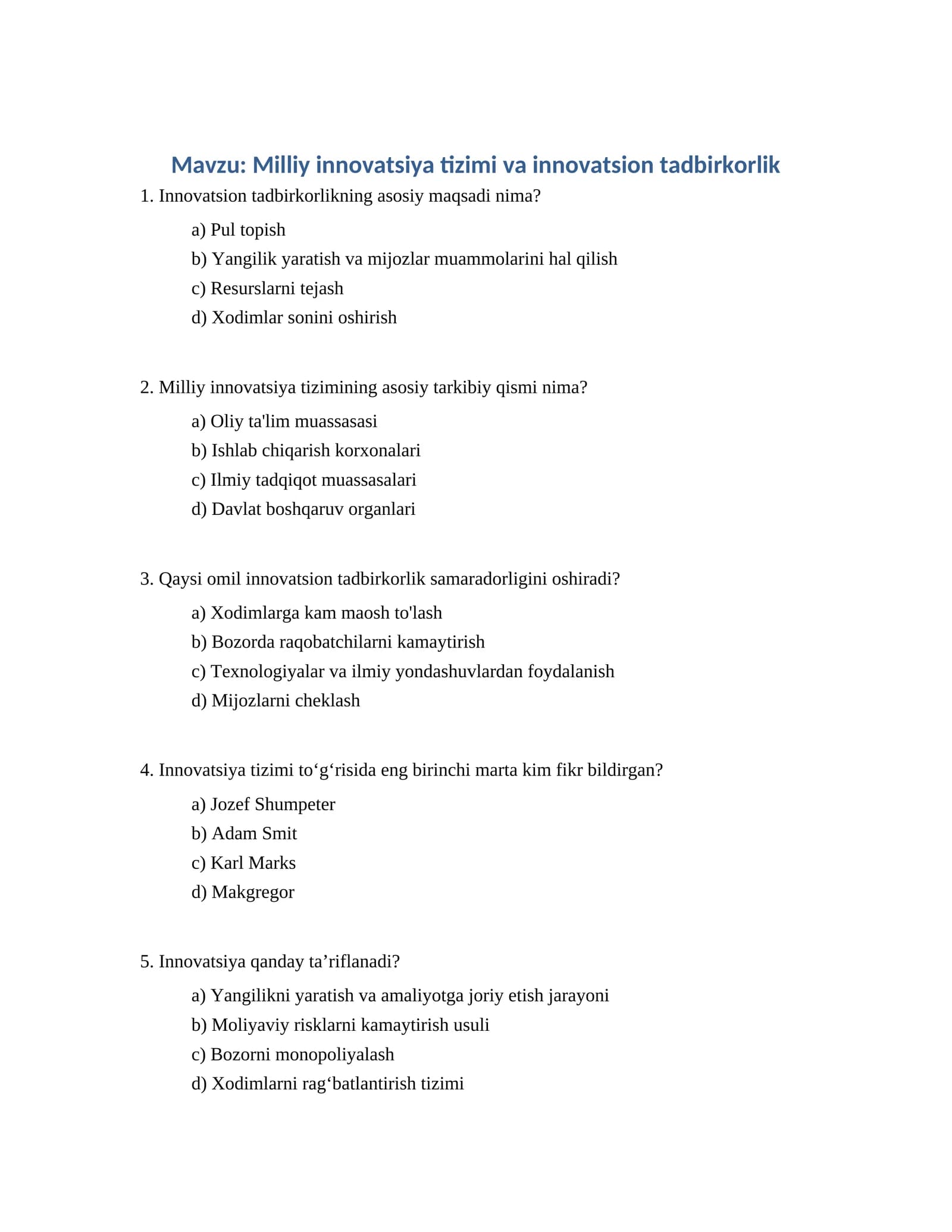 Milliy innovatsiya tizimi va innovatsion tadbirkorlik