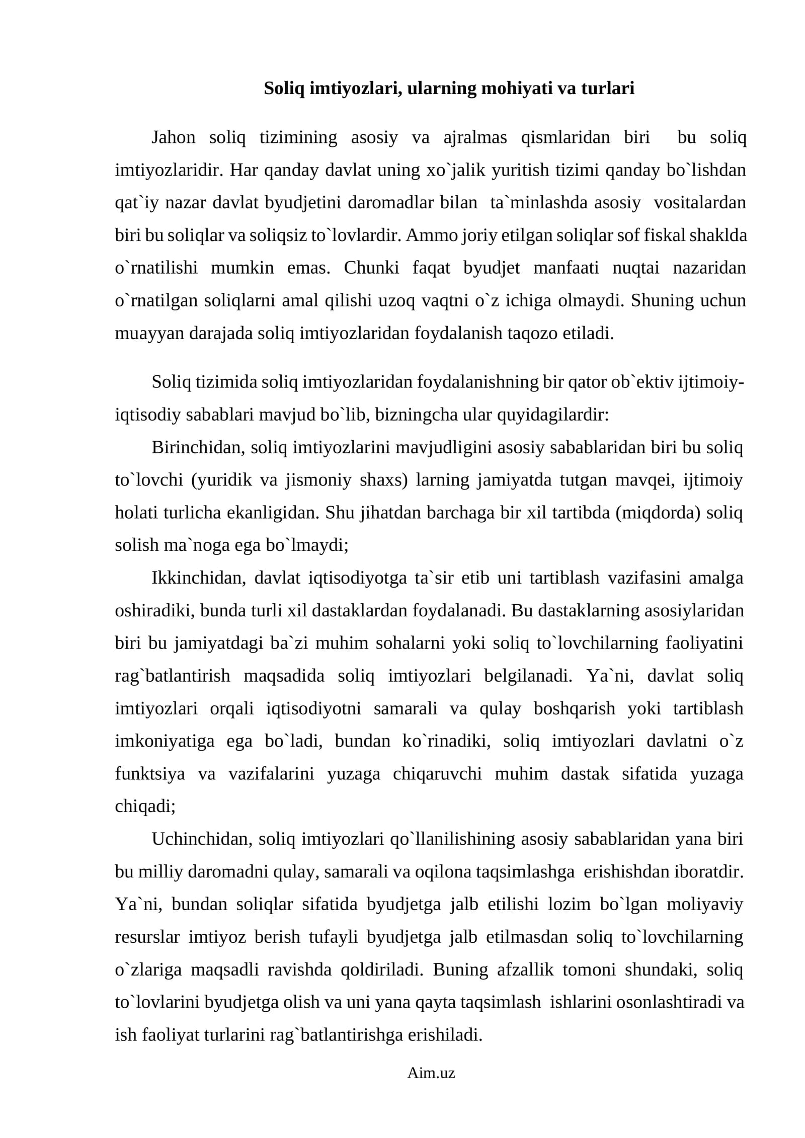 Soliq imtiyozlari, ularning mohiyati va turlari