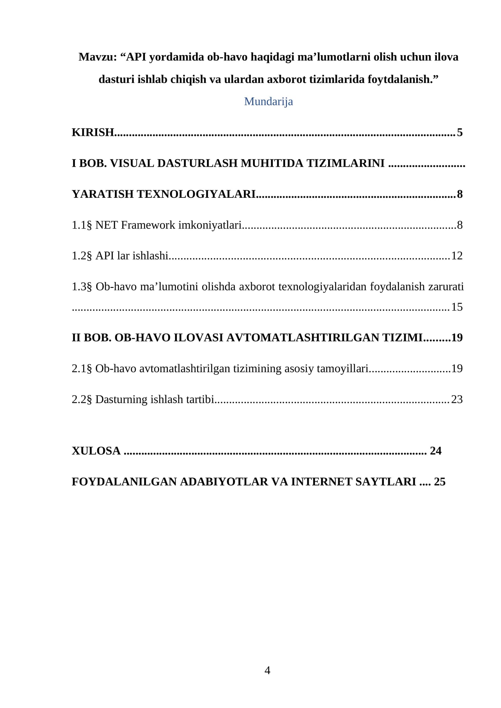 API yordamida ob-havo haqidagi ma’lumotlarni olish uchun ilova  dasturi ishlab chiqish va ulardan axborot tizimlarida foytdalanish