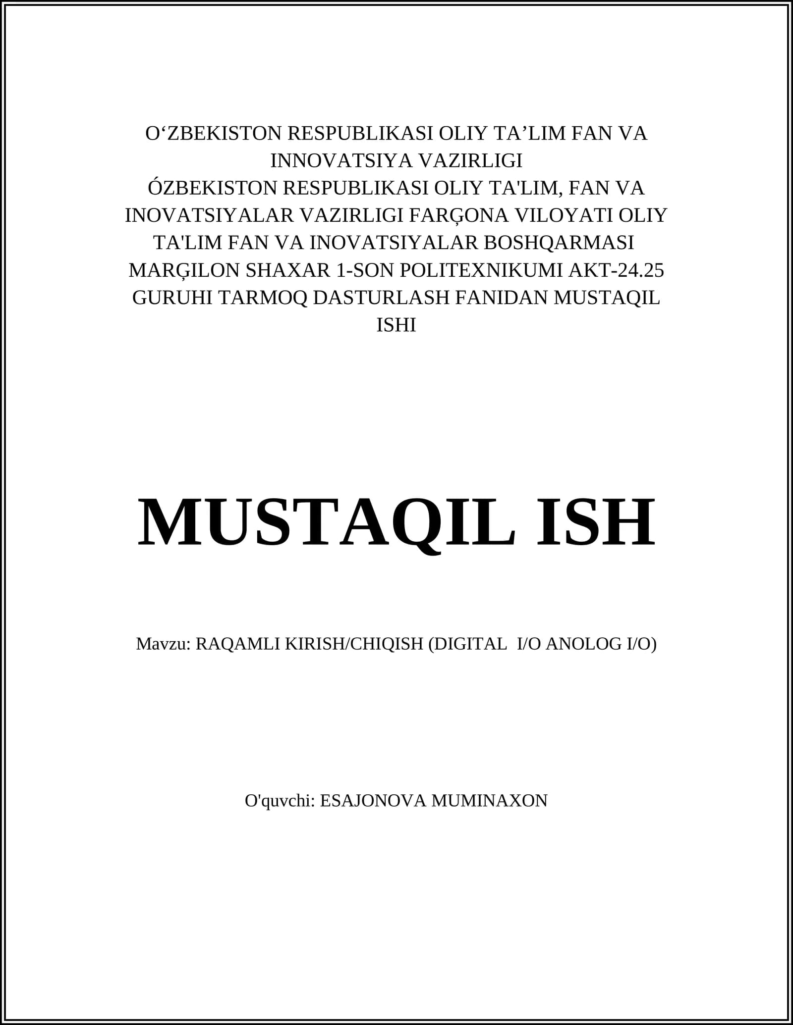 RAQAMLI KIRISH/CHIQISH (DIGITAL I/O ANOLOG I/O)